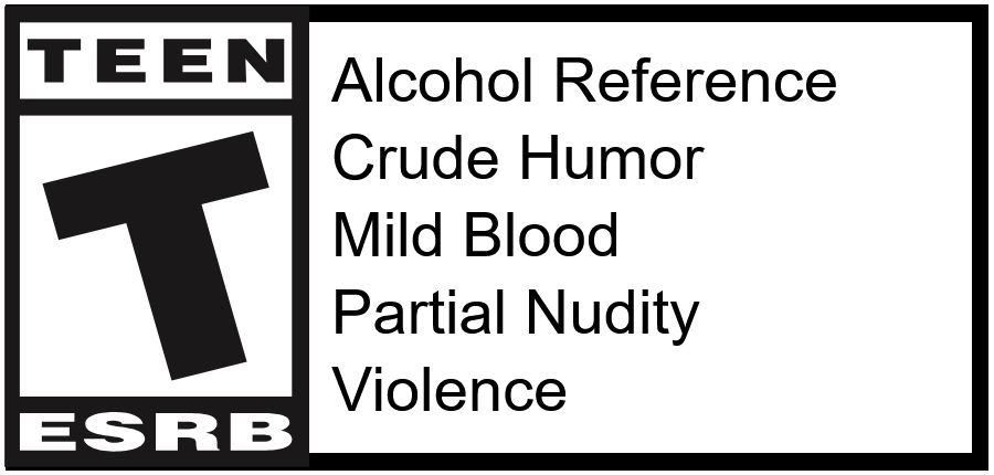 An ESRB rating sticker with the rating T for Teen. The reasons it lists for the rating are Alcohol Reference, Crude Humor, Mild Blood, Partial Nudity, and Violence.