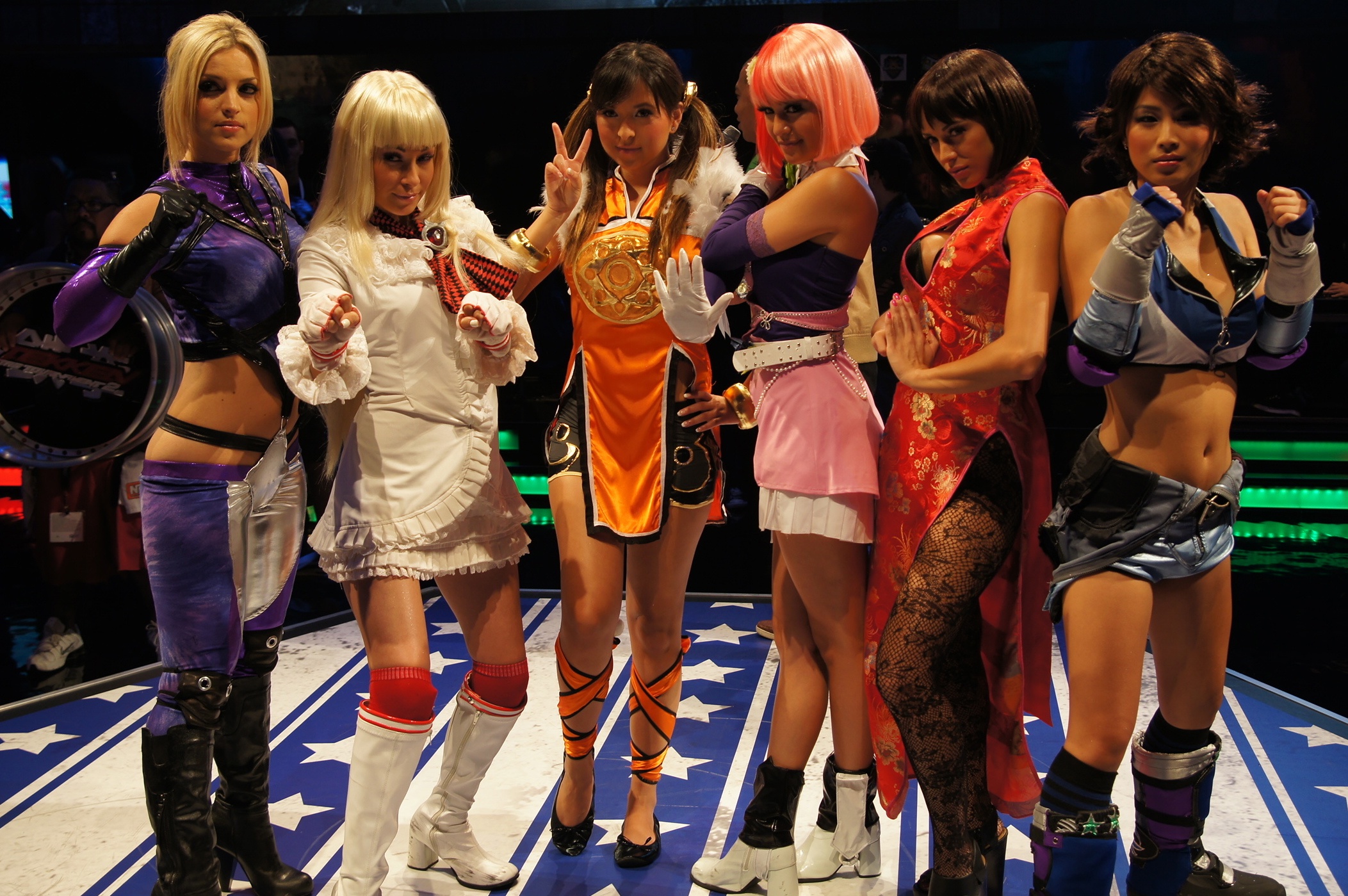 Various Hot Babes in Tekken cosplay: Nina Williams, Lili, Ling Xiaoyu, Alisa, Anna Williams, and Asuka.
